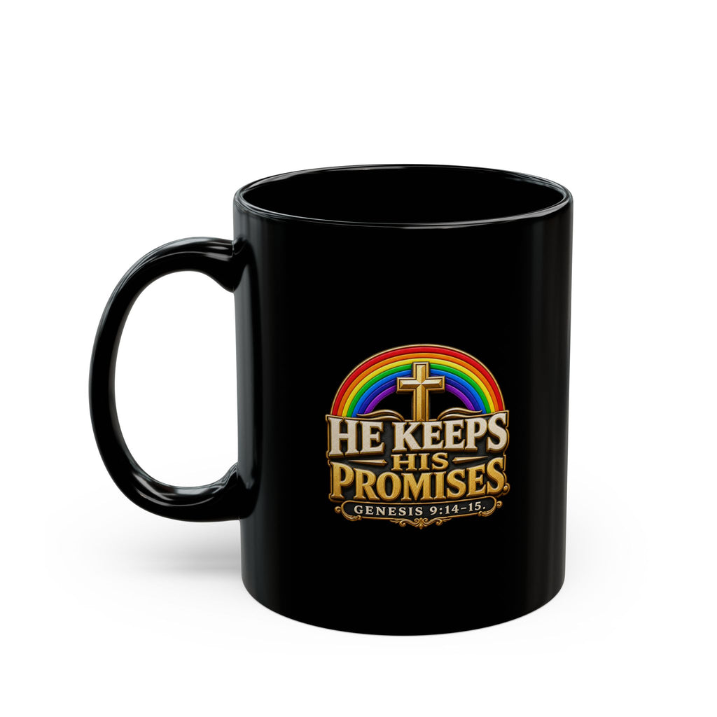 Christian Mug — "He Keeps His Promises" Genesis 9:14-15 Rainbow Cross Coffee Cup