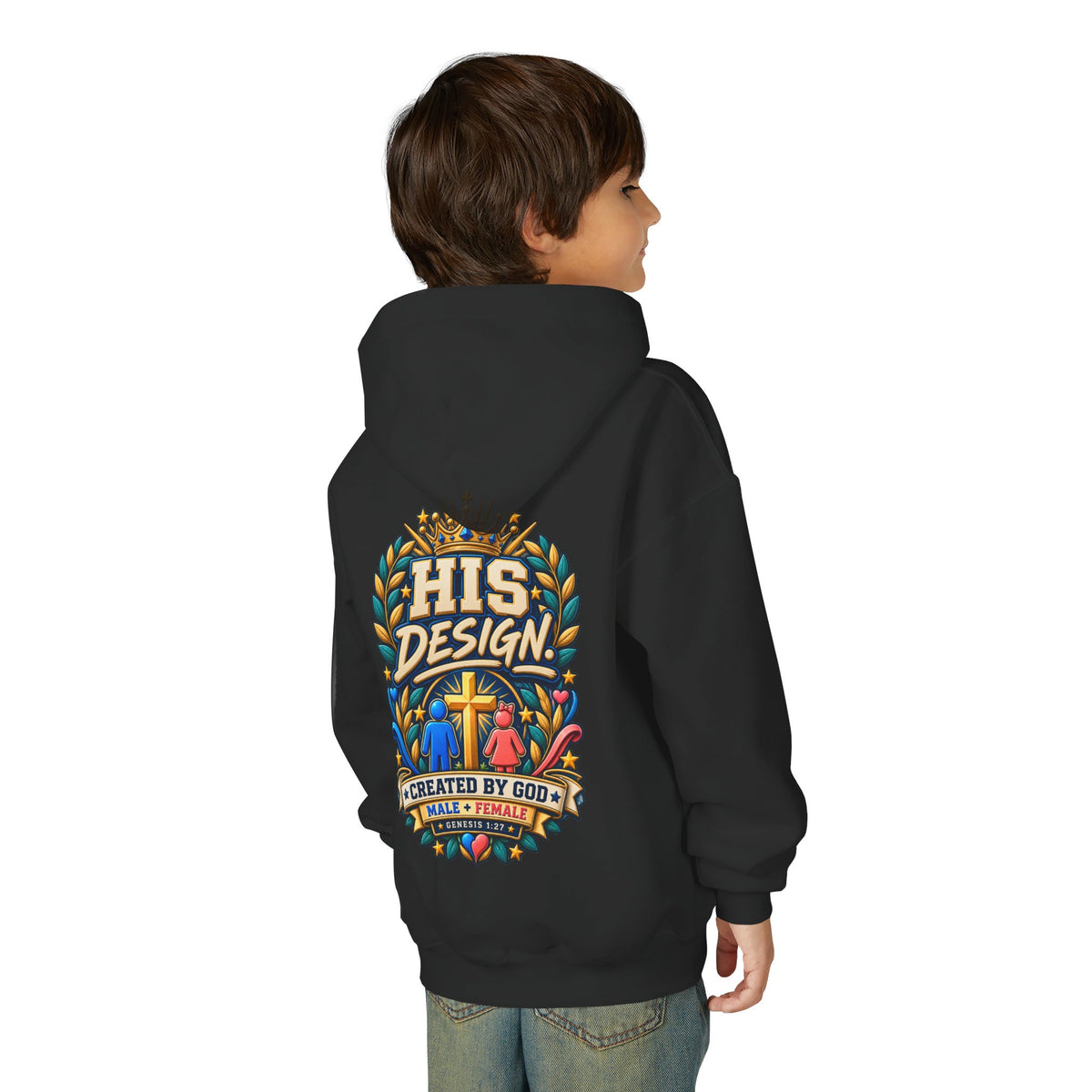 Youth Hoodie — "His Design, Created by God"