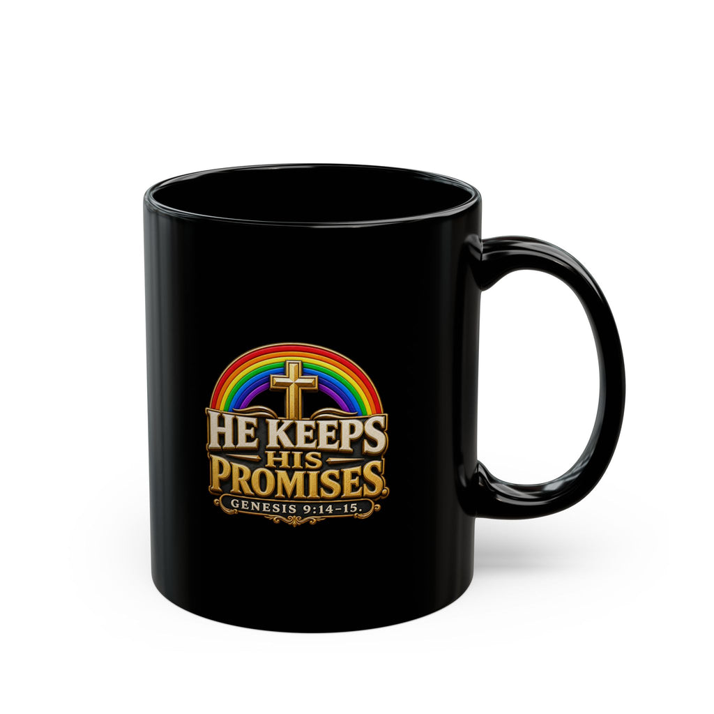 Christian Mug — "He Keeps His Promises" Genesis 9:14-15 Rainbow Cross Coffee Cup