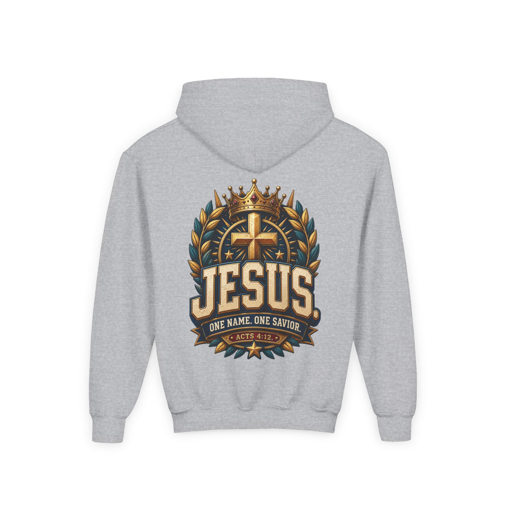 Youth Hoodie – "Jesus: One Name, One Savior"