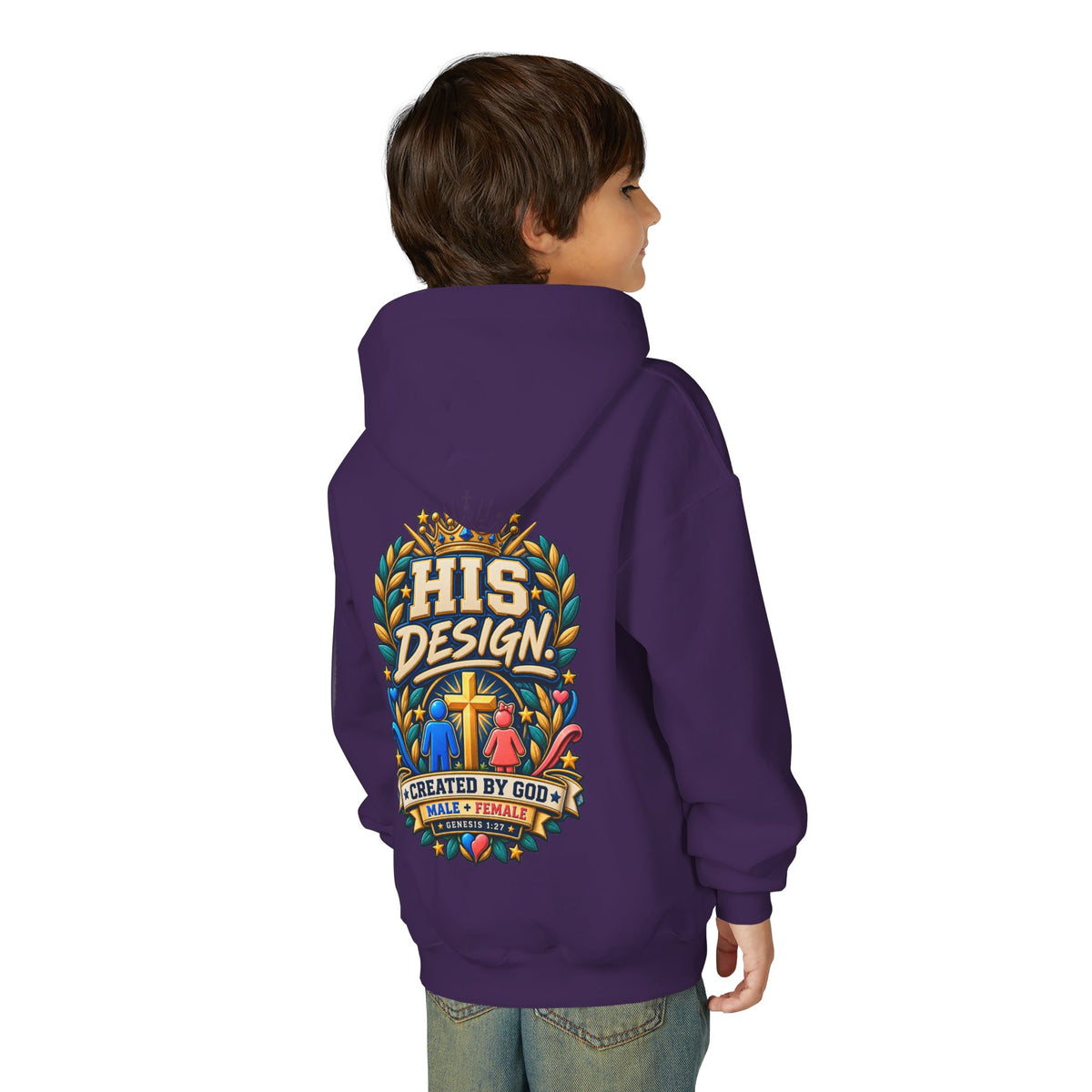 Youth Hoodie — "His Design, Created by God"