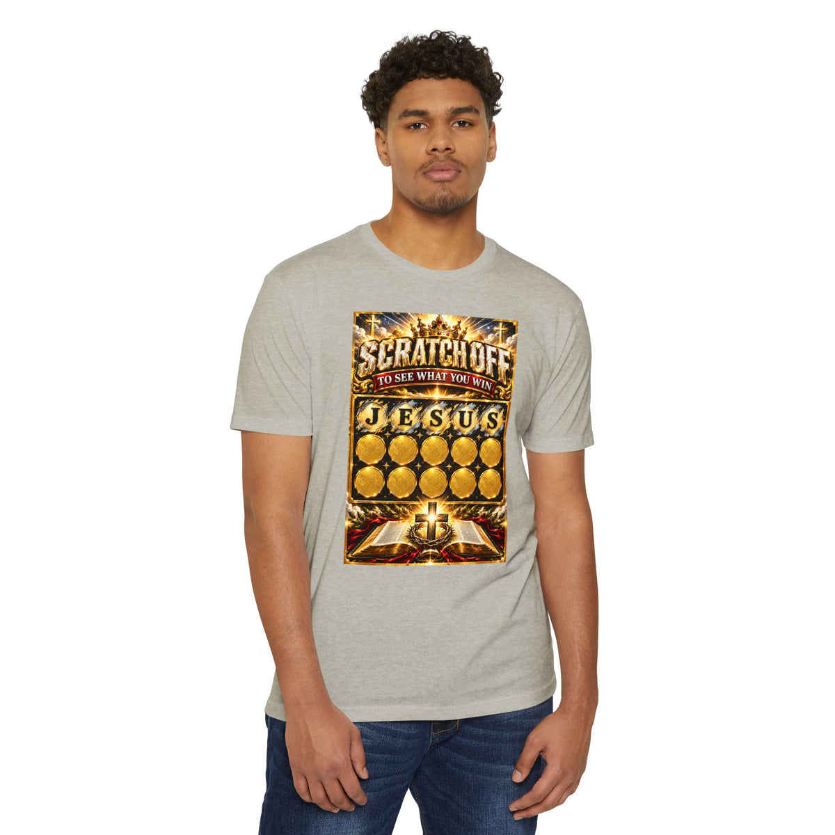Scratch-Off Faith T-Shirt — "Scratch Off to See What You Win: Jesus" Christian Graphic Tee