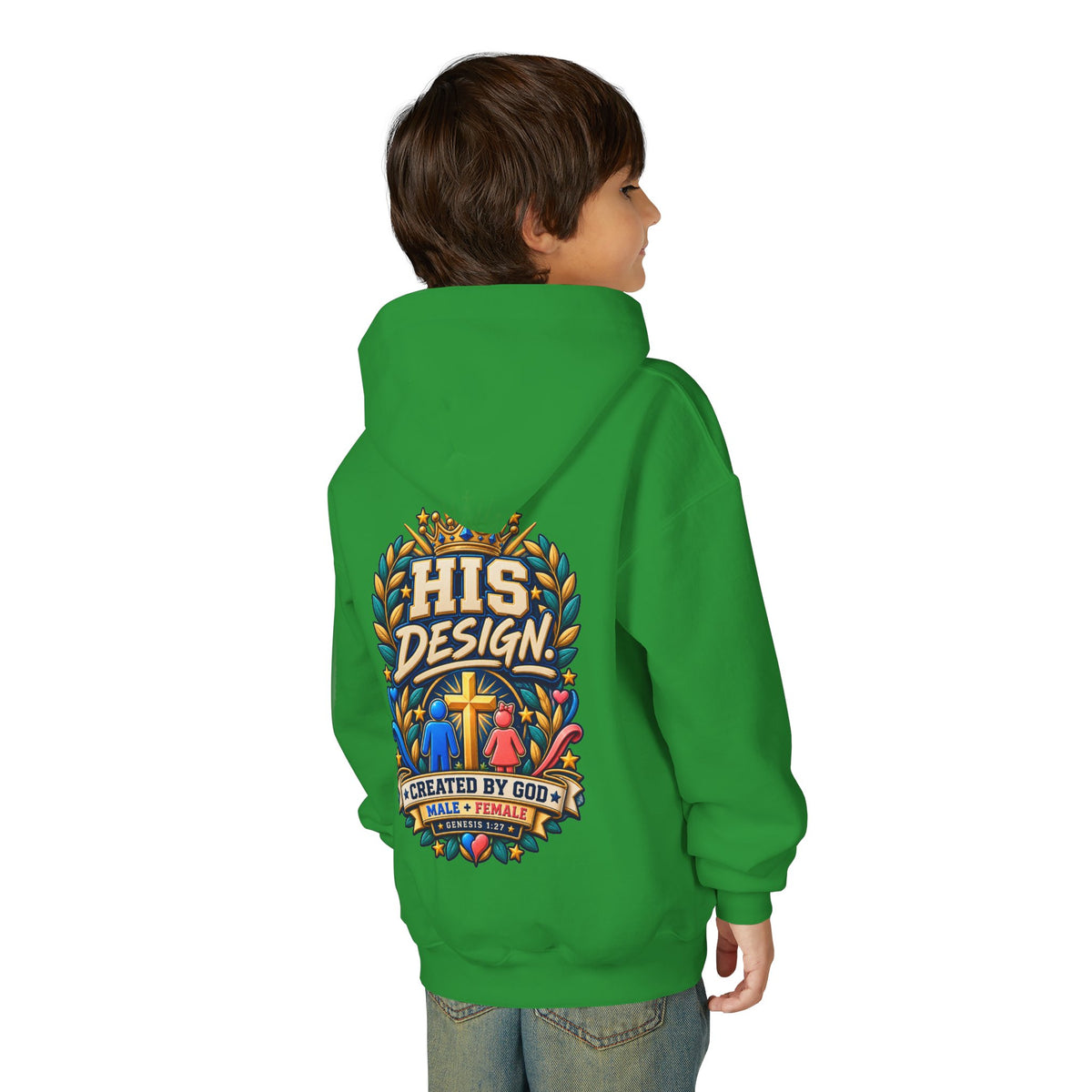 Youth Hoodie — "His Design, Created by God"