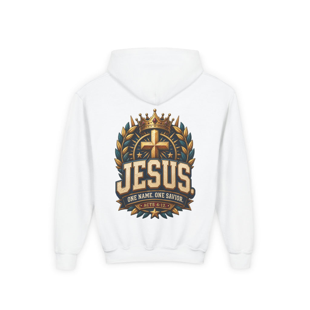 Youth Hoodie – "Jesus: One Name, One Savior"