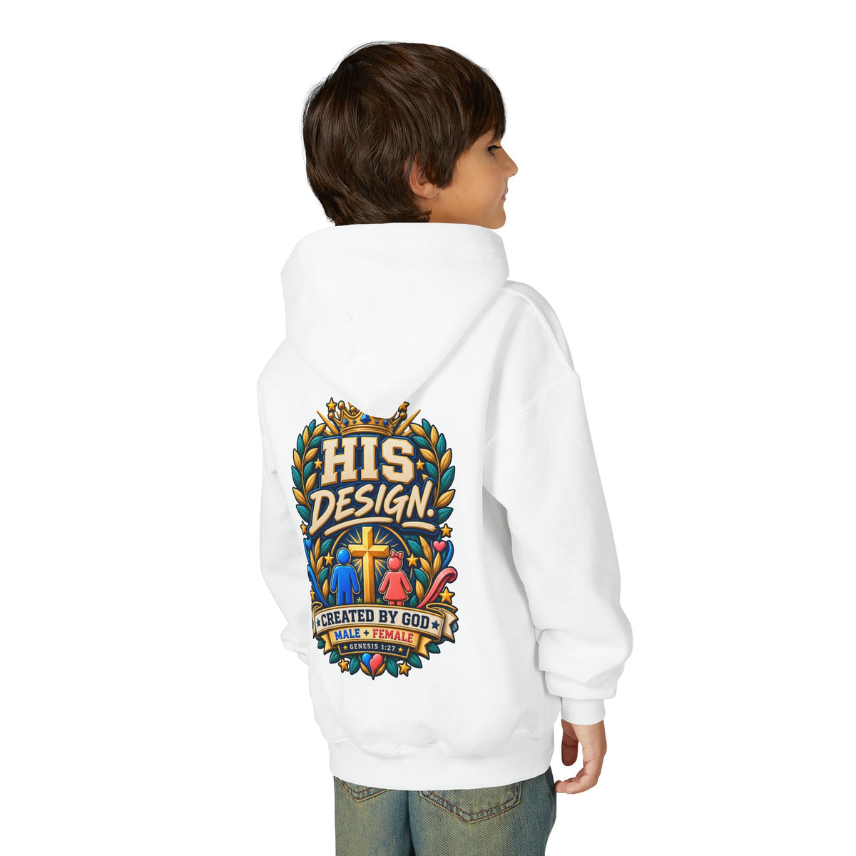 Youth Hoodie — "His Design, Created by God"